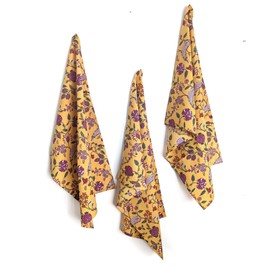 Craftbot 100% Cotton Decorative Kitchen Towels - Set of 3 Dishcloths - 19 x 27 inches - Yellow Floral Kitchen Towels - Absorbant Dish Towels for Dryng Dishes - Indian Block Print Cute Tea Towels