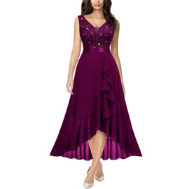 Miusol Women's Vintage V-Neck Sleeveless Sequined Floral Lace Ruffle Split Evening Party Dress (Large, Maroon)