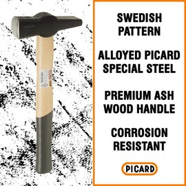Picard Blacksmith Hammer 1000g - Swedish Pattern, Cross Peen Hammer, Forged Alloyed Steel Head, Chamfered Edges, Black Powder Coated, Dual Curved Ash Handle, 0000811-1000