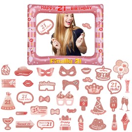 Rose Gold 21st Brithday Party Decorations for Girls Boys,Giant Inflatable Selfie Frame 21st Birthday Photo Booth Frame with 32pcs 21st Birthday Photo Booth Props for Girl Lady Her 21st Birthday Gifts