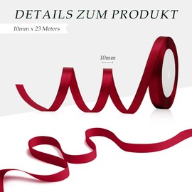 Gift Ribbon, Decoration Ribbon, 10 mm, 22 m Satin Ribbon, Red Ribbon, Christmas Coloured Ribbons, Gift Ribbon, Christmas Satin Ribbon, Decorative Ribbon, Silk Ribbon