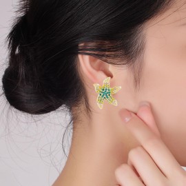 Gold Starfish Earrings for Women Rhinestone Cubic zircon Starfish Stud Earrings Sparkle Summer Beach Earrings for Women Holiday Jewelry Gifts (green)