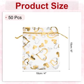 MECCANIXITY Organza Bag 4" x 6", Sheer Heart Mesh Bags Drawstring Gift Bags Bulk Party Favor Bag Jewelry Pouches for Wedding Candy Valentines (White-Gold, Pack of 50)