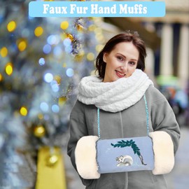 MatFirsmo Faux Fur Hand Muffs, Portable Hand Warmer Pouch with Zipped Pocket Strap for Cold Weather, Cute Blue Embroidery Pattern Hand Muffler for Women Girls