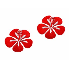 Bru_289 Red Flowers Hawaii Tropical Hibiscus Flowers Garden Blossom Cute Cartoon sew Iron on Embroidered Applique Badge Sign Patches Clothing Costume