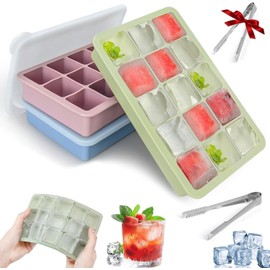 3 PCS Moldes para Cubitos de Hielo con Tapa,Molde de silicona para cubitos de hielo,Bandejas Para Cubitos de Hielo,Bandejas de Silicona Reutilizables con Diseño Presionado (15 rejilla)