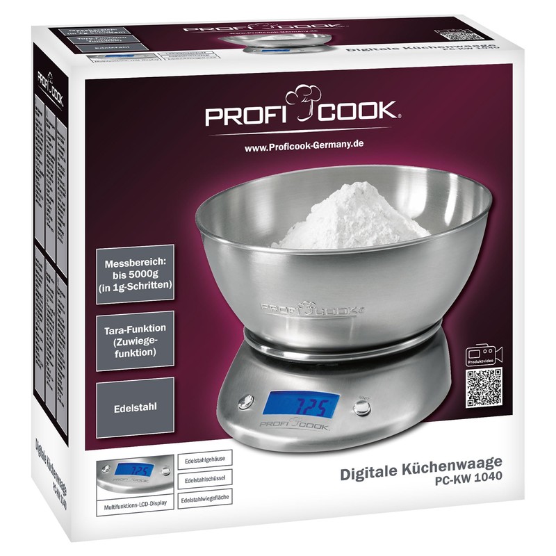 ProfiCook PC-KW 1040 Digitale Küchenwaage, Gehäuse, Schüssel und Wiegefläche aus