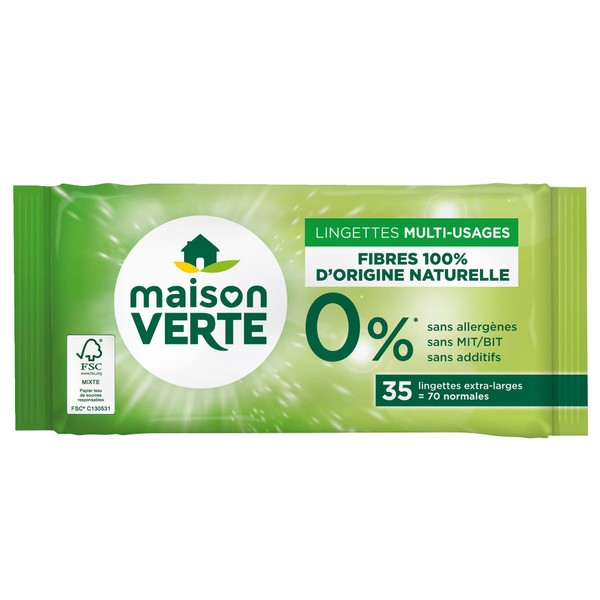 Maison Verte - Multi-Purpose Cleaning Wipes 0% 70 Pieces - Biodegradable Wipes - Hypoallergenic - Allergen-Free - No Additives - Cellulose Fibre 100% Natural Origin