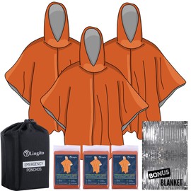 Lingito Orange Unisex Thermal Emergency Poncho with Bonus Mylar Tarp Blanket for Camping and Hiking
