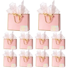 10pcs Pink Gift Bags, Pink Present Bags with 10 Tissue Papers 20 Ribbons and 10 Cards, Suitable for Birthday Bridesmaid Wedding Valentines Thanksgiving Anniversary 27 x 10 x 21 cm