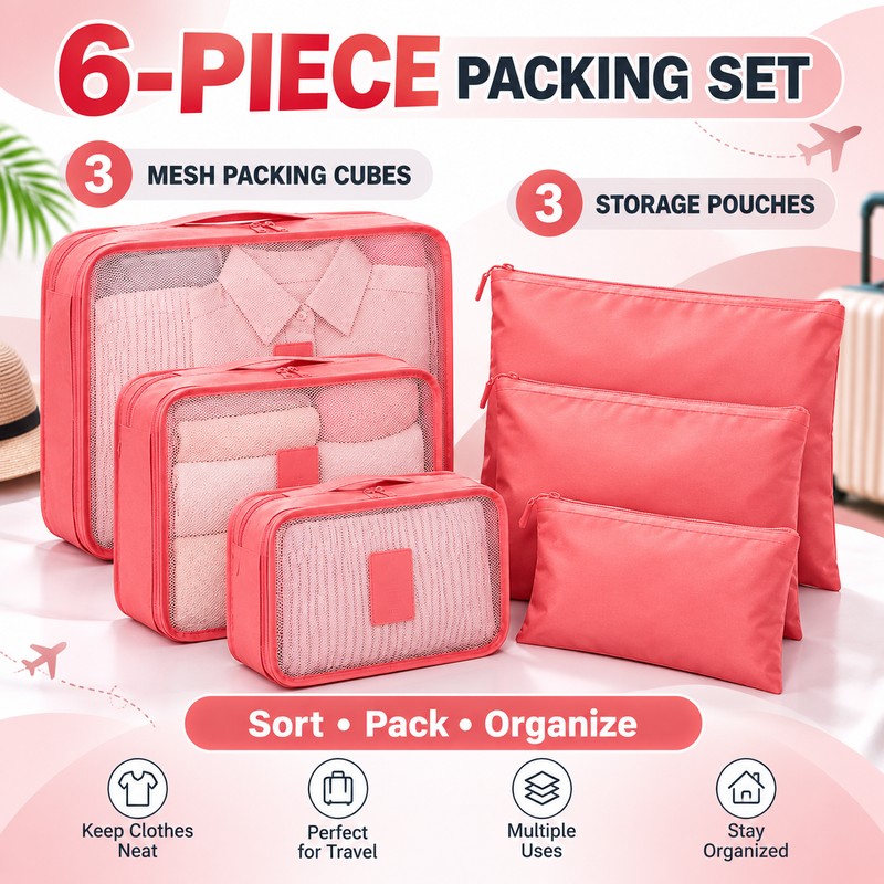 6-Piece Travel Packing Organizer Set for Luggage – Lightweight Reusable