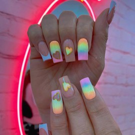 ANDGING Neon Square Press on Nails Short Medium Glue on Nails for Women Fantasy Fake Nails with Colorful Heart Designs Artificial Stick on Nails Gel Manicure Acrylic False Nails for Wedding