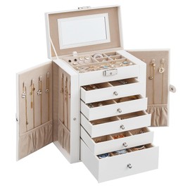 SONGMICS 6 Tier Jewelry Box, Jewelry Storage Organizer with 5 Drawers, Large Storage Capacity, with Mirror, Lockable, Jewelry Case, Gift for Loved Ones, For Watches, White UJBC152W01