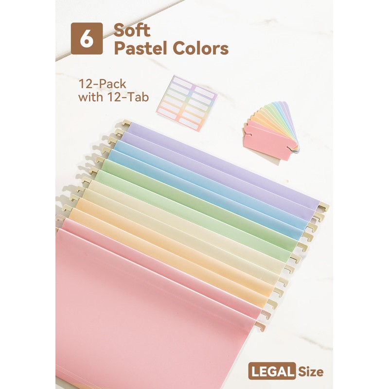 SortRax Legal Size Hanging File Folders, Sturdy Plastic, Pastel, 12-Pack