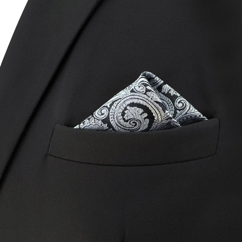 SHLAX&WING Men's Silver Black Paisley Silk Pocket Square, 12.6 x