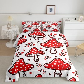 Feelyou Cute Mushroom Comforter Cartoon Mushrooms Bedding Set for Kids Boys Girls Teens Decor Kawaii Fungus Red White Comforter Set Wild Mushroom Stuff Duvet Set Room Decor Quilt Set Queen Size