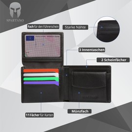 SPARTANO Mens RFID Blocking Wallet with Coin Pocket Wallet with 11 Credit Card Pocket and 2 Bills, black, Classic