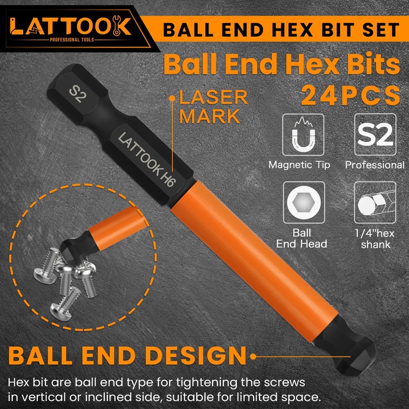 Ball End Hex Head Allen Wrench Drill Bit Set, LATTOOK