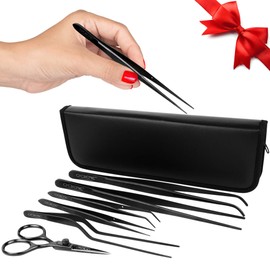 O'Creme Set of Culinary Tweezer Tongs Offset, Straight and Curved, Plus Extra Sharp Chef Scissors, Total 6 Pieces (Black)