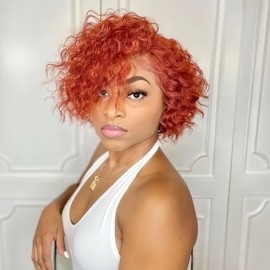 Yiifiulyn Curly Pixie Cut Wig Human Hair Short Lace Front Bob Wig Short Curly Human Hair Wigs for Women(Copper Color)