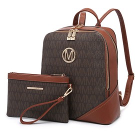 MKP Women's Fashion Medium Backpack Purse Set - 2Pcs PU Leather Shoulder Bag with Double Zipper for Travel and Daily Use (Coffee)