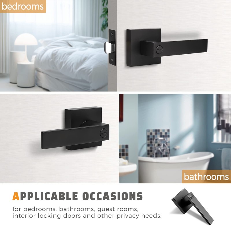 KNOBWELL Matte Black Modern Door Handles with Lock, Privacy Lever