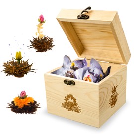 Creano Teekiste aus Holz mit 6 Teeblumen Erblühtee - 3 verschiedene Sorten Schwarzer Tee