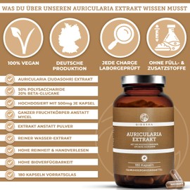 QIDOSHA® Auricularia Extract Capsules, Pack of 180 in Pharmacist Glass, High-Purity Auricularia Extract with 500 mg per Capsule, of which 50% Mushroom Polysaccharides with at least 20% Beta-Glucans,