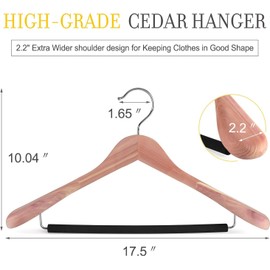 TOPIA HANGER Unfinished American Red Cedar Wood Coat Suit Hangers, Luxury Wooden Jacket Clothes Hangers, Wide Shoulder with Black Padded Pant Bar- 360°Flexible Hook, 6 Pack- Natural- CT07W-6