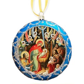 Nativity of Jesus Christ Baby Jesus Christmas Icon Ornament Angels 4 1/2 Inch, Blue Christmas Decoration Not Breakable, Orthodox Catholic Icon