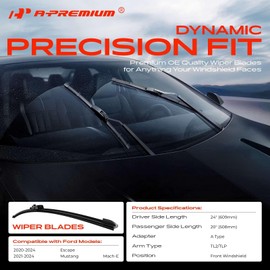 A-Premium Pack of 2 Front Windshield Wiper Blades with Wear Indicator & Towel - Compatible with Ford Escape 2020-2024, Mach-E Series Mustang 2021-2024 - 24" and 20", TL2 Connector, Left and Right