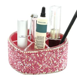 Desktop Cosmetic Storage Box 8-hole Heart-Shaped Bling bling Rhinestone Cosmetic Tools storage Box Jewelry Storage Box (Pink)