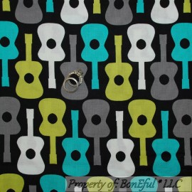 Michael Miller Fabrics BonEful Fabric FQ Cotton Quilt Black White B&W Gray Aqua Blue Music Guitar Dot L