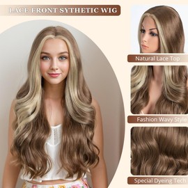 Style Icon HD Lace Front Wig 26 Inch Long Body Wave Wigs Highlight Beige Brown Color Synthetic Fiber Pre Plucked Baby Hair Central Parting(26Inches, HL 12J/12R)