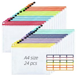 XQQDQQ A4 Mesh Zipper Pouches, 24pcs 8 Colors - Plastic Zipper Bags for Organizing, School/Office/Home