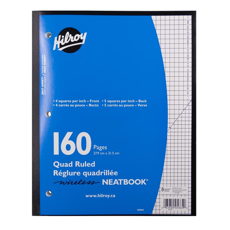 Hilroy 05664 Wireless Quad Ruled Neatbook, 11x8.5-Inch, 3 Hole Punched,