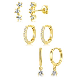 3Pairs Sterling Silver Stud Hoop Earrings Set for Women Girls, Hypoallergenic 14k Gold Stud Hoop Earrings Stacks, Small Helix Cartilage Sleeper Cubic Zirconia Stud Hoop Earrings for Multiple Piercings
