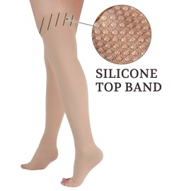 LIN PERFORMANCE 30-40 mmHg Medical Compression Stockings for Women,Thigh High,Dot-Top, Open Toe (Beige，S)