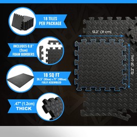 Rubber Tiles Workout Flooring Puzzle Exercise Mat with 18 Squares Interlocking Foam Gym Mats 12'' x 12'' EVA Protective Mats for Heavy Equipment (Black)