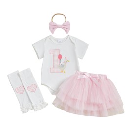 Baby Girl First Birthday Outfit Bee Goose Print One Romper+Tulle Tutu Skirt+Headband+Socks 4Pcs 1st Birthday Dress (Goose Pink, 9-12 Months)