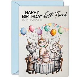 Best Friend Birthday Card - Pawsome Party Cats Balloons - Happy Birthday Card for Best Friend from Friend Bestie, A5 Male Female Cat Bday Greeting Cards