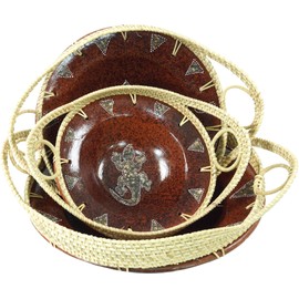 GURU SHOP Design 6 Round Woven Ceramic Bowl, Fruit Bowl, Decorative Bowl, Brown, Size: Medium (25 x 10 cm High)