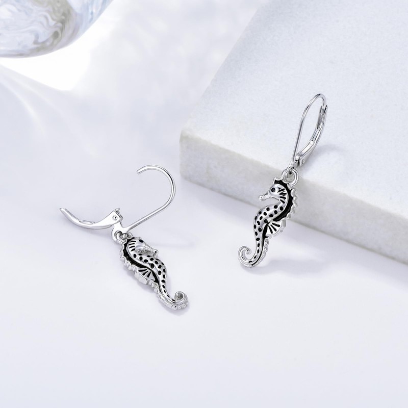 Sterling Silver Ocean Seahorse Drop Dangle Earrings - Beach Jewelry
