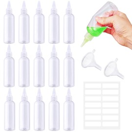 Prebarfun Pack of 16 Squeeze Bottles 60 ml, Empty Squeeze Bottle, Plastic Bottles for Filling, Small Sauce Bottle with Caps, Funnels, Labels for Sauces, Paints and Oils etc.