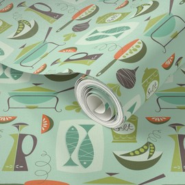 Peel & Stick Wallpaper 9ft x 2ft - Kitchen Blue Vintage Retro Cooking Mid Century Food Mod Fish Home Custom Removable Wallpaper by Spoonflower