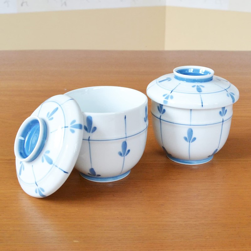 有田焼やきもの市場 Chawanmushi Cups with Lids Set of 2 Japanese Chawan