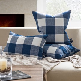 Phantoscope Pack of 2 Buffalo Check Plaid Throw Pillow Covers Cushion Case Farmhouse Square Throw Pillow Cases for Fall Home Decor Navy Blue,18 x 18 Inches