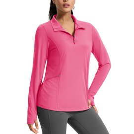 MAGCOMSEN Womens Rash Guard Long Sleeve Shirts 1/4 Zip Workout Running Athletic Tops UPF 50+ Sun Shirts Rose Red L