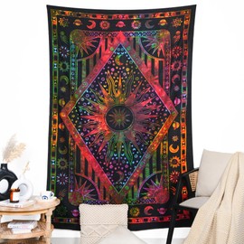 RAJRANG Celestial Zodiac Tapestry - 84x90 Inches Orange-Multi Cotton Indian Hippie Mandala Psychedelic Burning Sun Wall Hanging Bohemian Bedspread Trippy Tapestries for Bedroom Decor