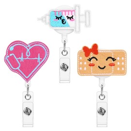 OFFCUP Badge Reel Holder, 3pcs Retractable Felt Badge Reels, Cute ID Badge Holder Felt Nurse Reel Retractable Lanyard Clips for Nurse Doctor Teacher Student (Band-aids, Needles, Hearts)
